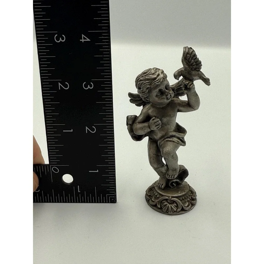 Pewter Cherub Figurine With Bird Putti Angel Statue Vintage Style‎